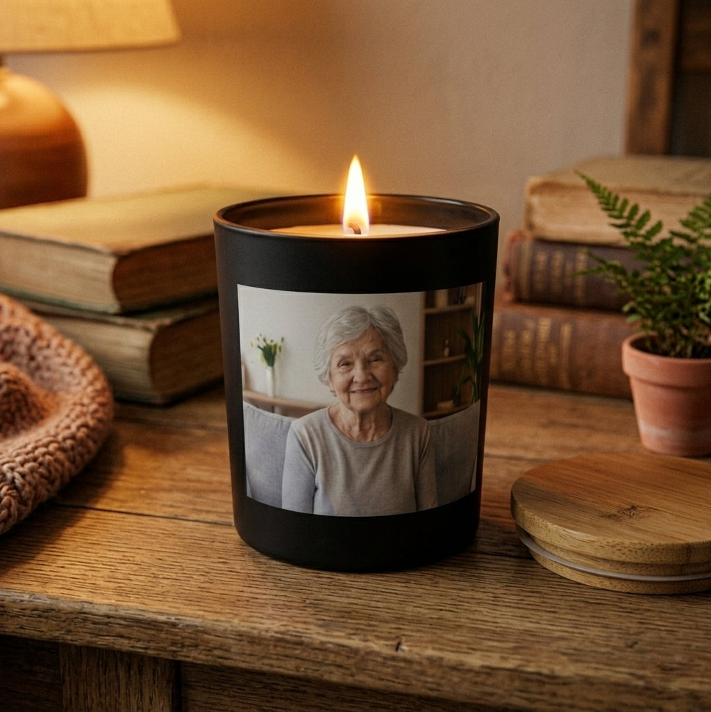 Ein Geschenk, das von Herzen kommt und den Raum erhellt.
Zeige deinen Lieblingsmenschen, wie viel sie dir bedeuten! Unsere personalisierbare Fotokerze im eleganten schwarzen Design ist das perfekte, herzerwärmende Geschenk für Oma, Mama oder andere Herzensmenschen. Das matte Glas und der rustikale Holzdeckel verleihen der Kerze einen hochwertigen Look, der sofort Gemütlichkeit ausstrahlt.