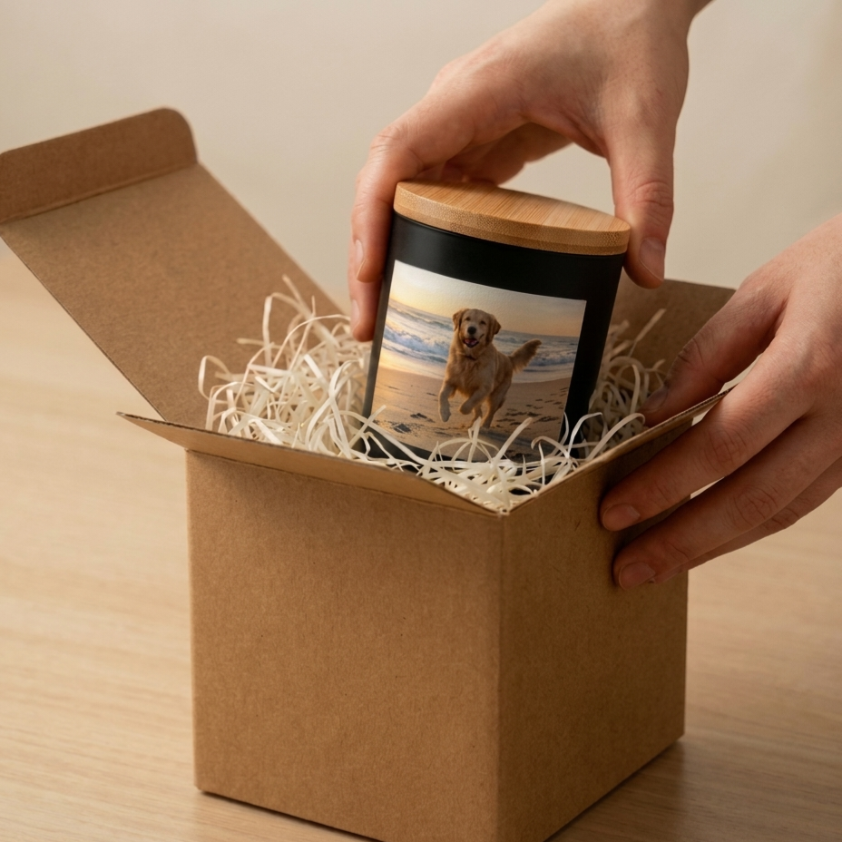 Die fertige Kerze wird liebevoll verpackt – perfekt als persönliches Geschenk für Familie, Freunde oder besondere Anlässe.