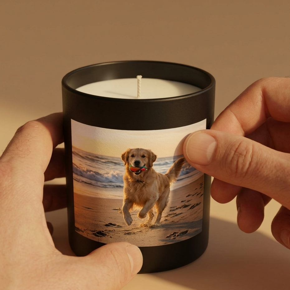 Hier entsteht deine persönliche Kerze: Das eigene Foto wird auf das Glas aufgebracht und macht jede Duftkerze zu einem einzigartigen Geschenk.
