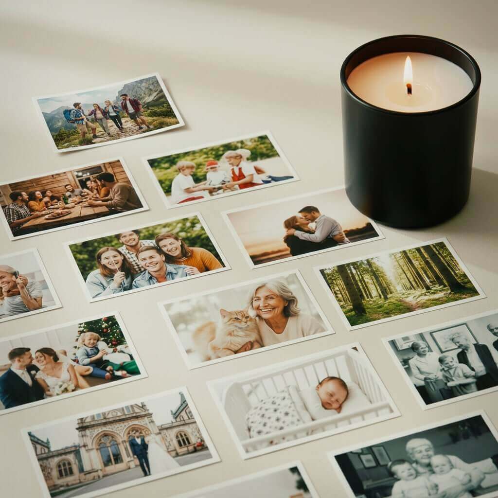 Personalisierte Fotokerze aus DIY Set umgeben von Erinnerungsfotos - Kerze selber machen mit eigenem Foto