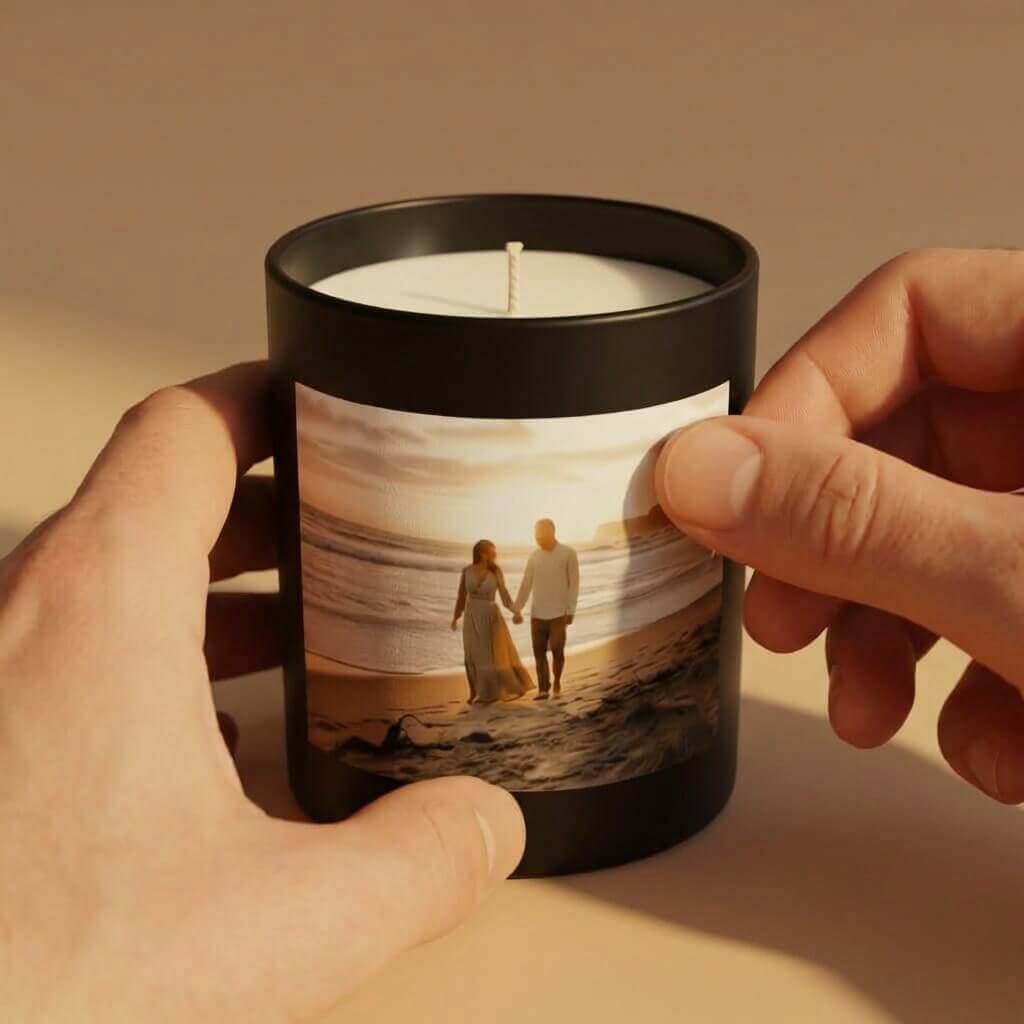 Fotosticker auf fertige schwarze Duftkerze anbringen - personalisierte Memory Candle selber gestalten DIY Set