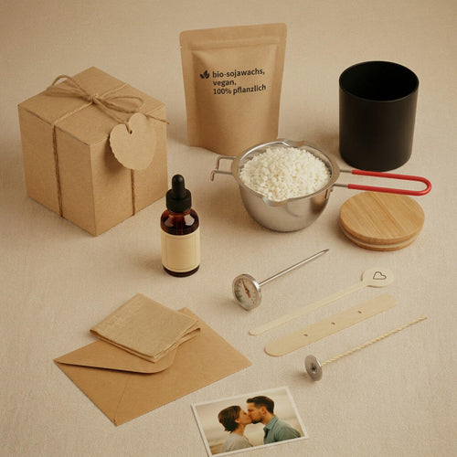 DIY Kerzen Set Inhalt - Bio Sojawachs Tüte, Schmelztopf, Duftöl, Thermometer und Zubehör zum Kerzen selber machen