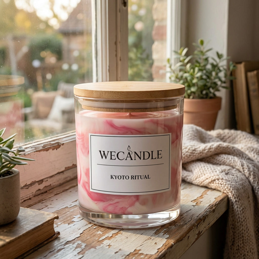 Dekorative Duftkerze mit blumigem Duft am Fenster. Perfekt als nachhaltiges Geschenk oder stilvolle Wohnaccessoire. Cherry blossom kirschblüte