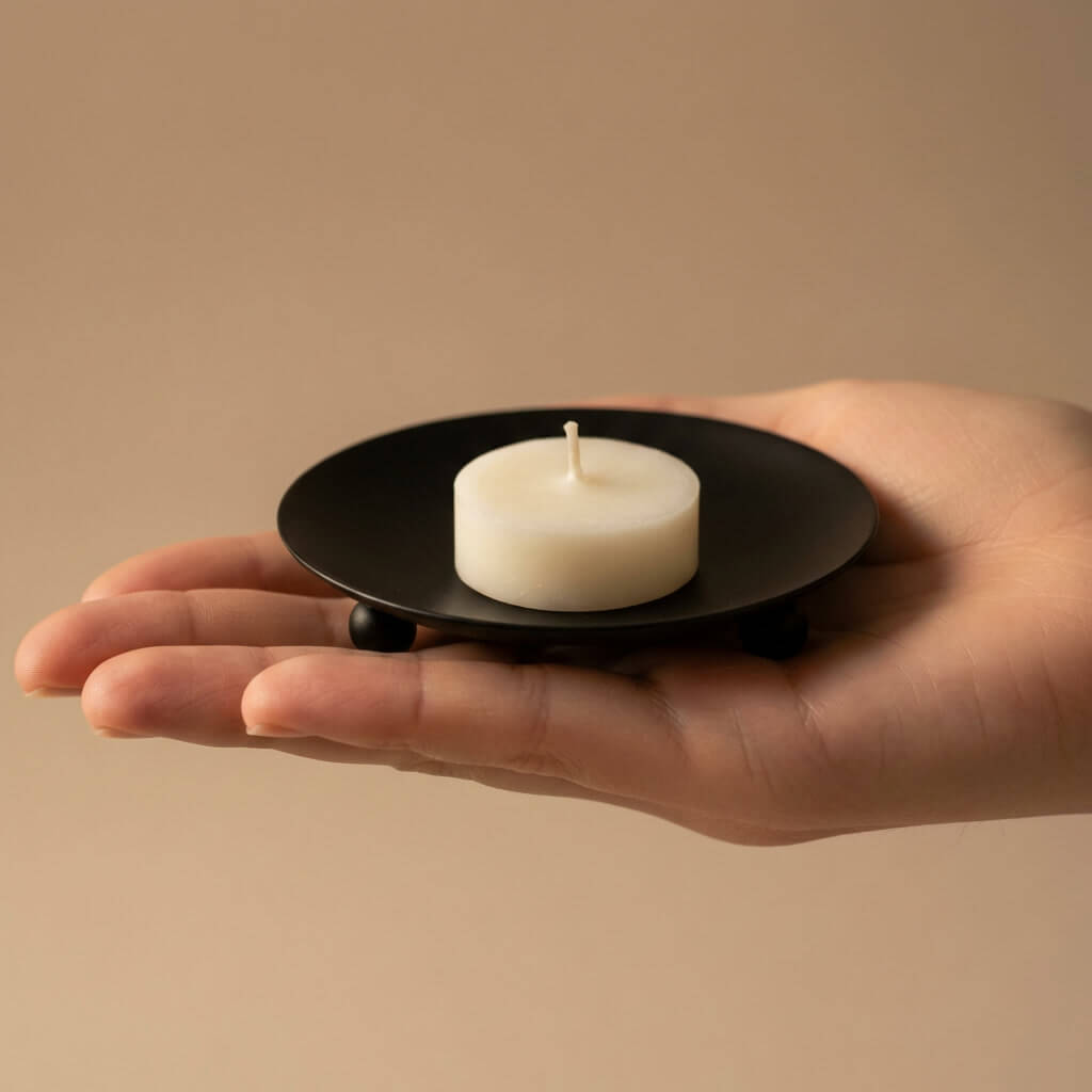 Hand hält Bio Sojawachs Teelicht auf schwarzem Kerzenhalter - Größenvergleich Duftproben Set
