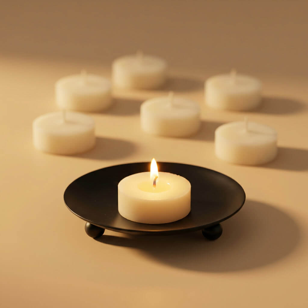 Duftproben Set Teelicht brennend auf schwarzem Kerzenhalter - Bio Sojawachs Teelichter 6 verschiedene Düfte