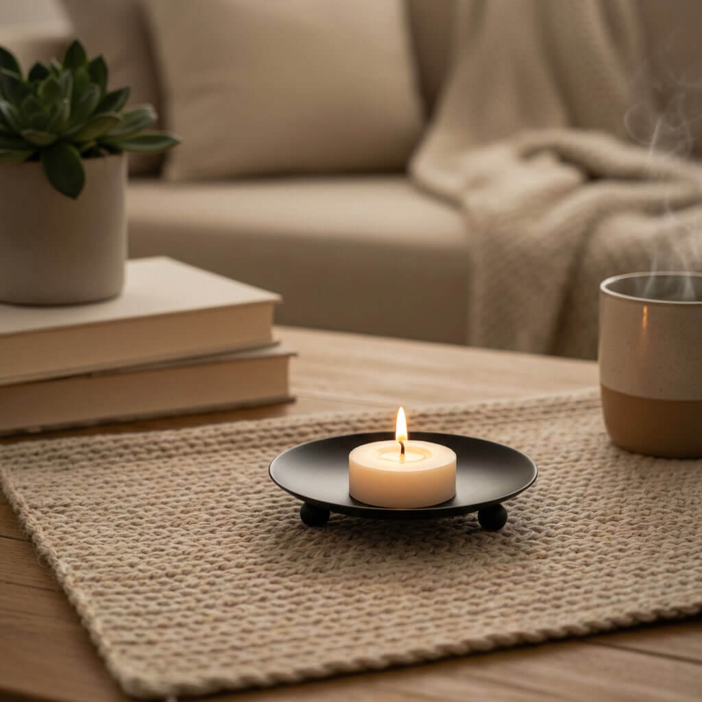 Brennendes Duftproben Teelicht auf Juteteppich im gemütlichen Wohnzimmer - Bio Sojawachs Duftkerze Lifestyle