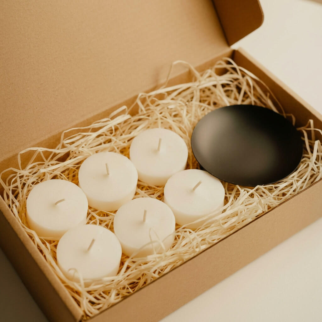 Duftproben Set in Geschenkbox - 6 Bio Sojawachs Teelichter mit schwarzem Kerzenhalter in Kraftpapier Verpackung