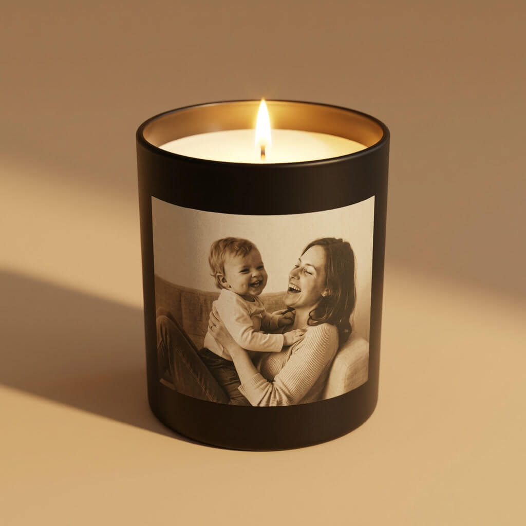 Personalisierte Memory Candle mit Mutter-Kind-Foto auf schwarzer Duftkerze aus Bio Sojawachs