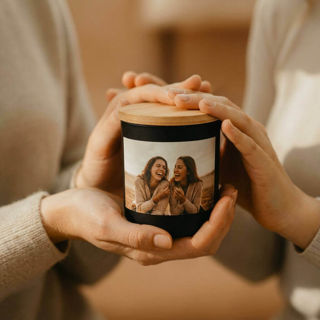 Zwei Hände halten personalisierte Fotokerze mit Freundinnen-Foto als besonderes und persönliches Geschenk