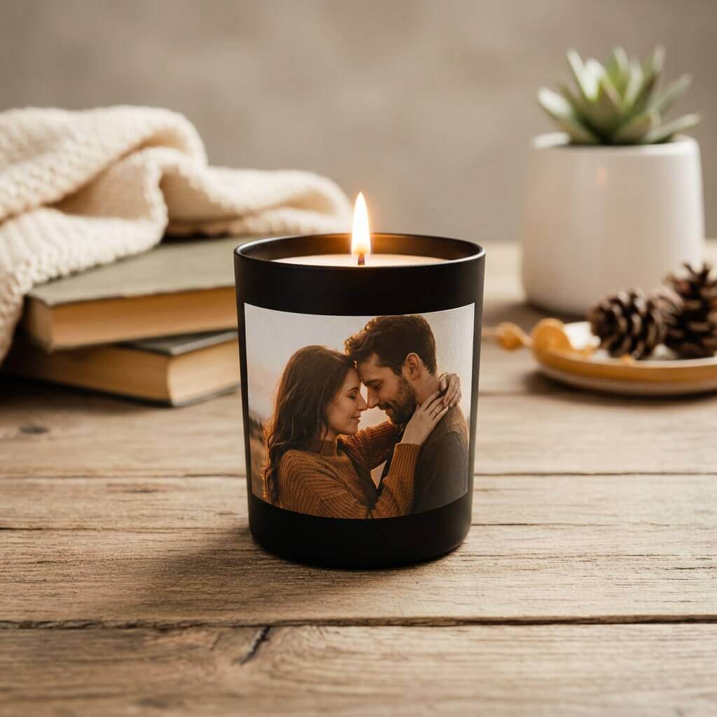 Personalisierte Memory Candle mit Pärchen-Foto auf rustikalem Holztisch mit Büchern
