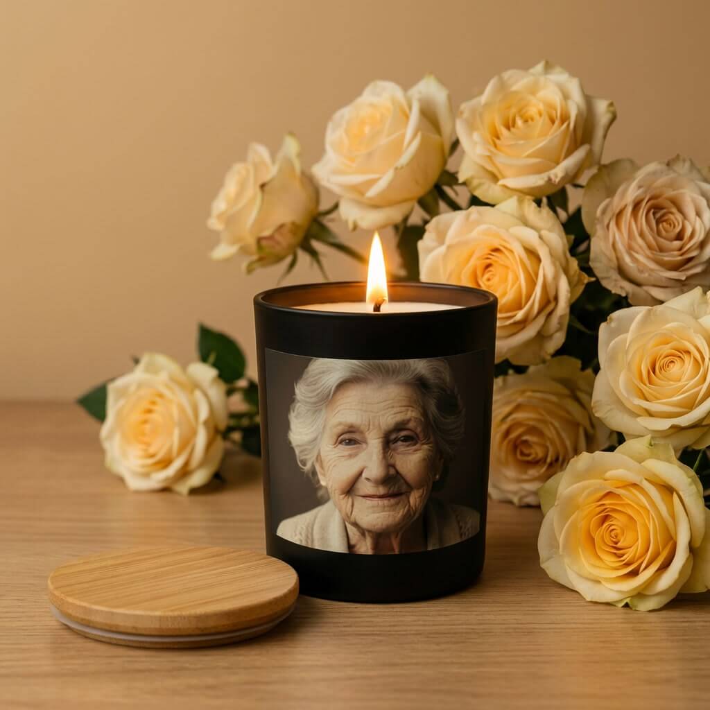 Personalisierte Fotokerze als Trauerkerze mit Portraitfoto und gelben Rosen