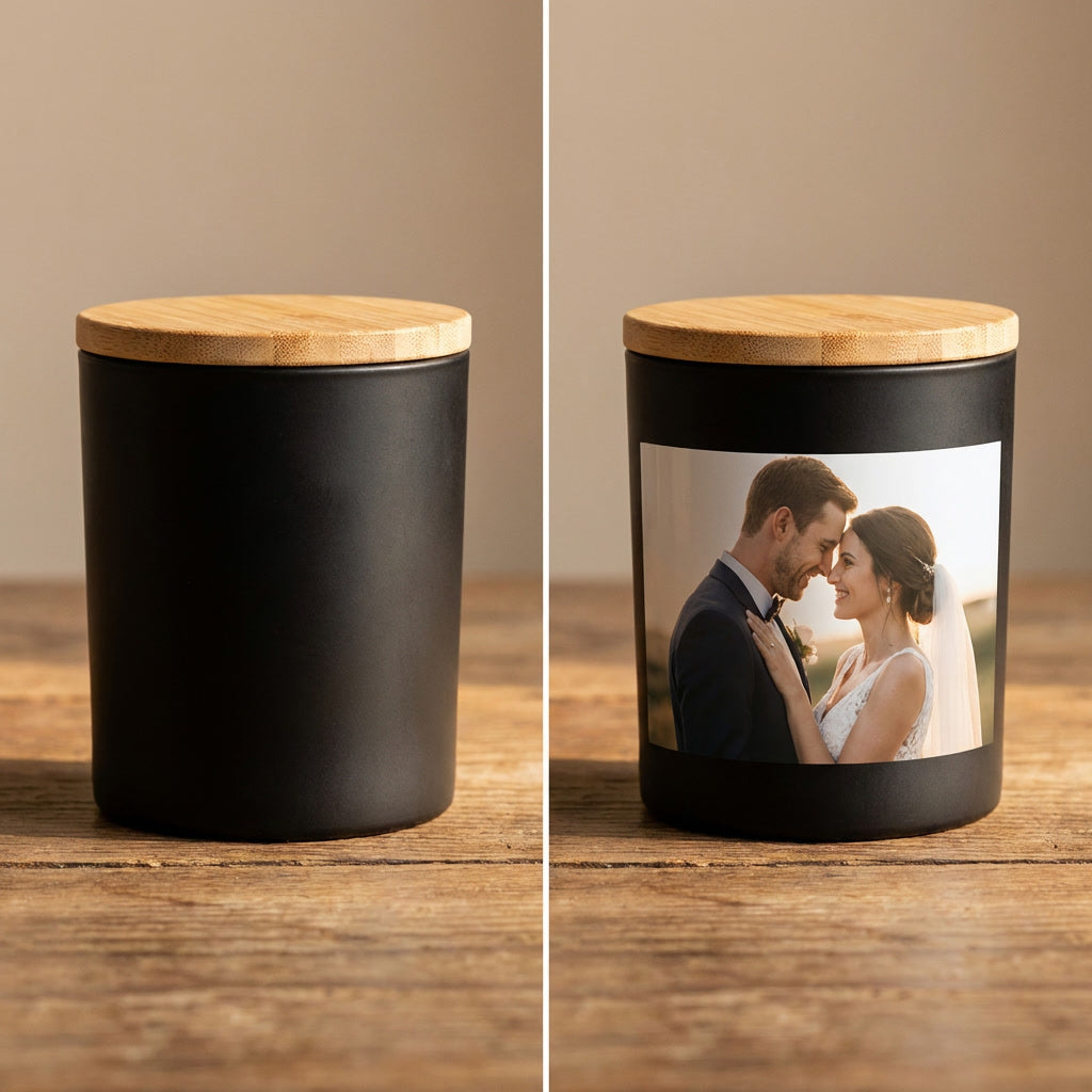 Vorher-Nachher Vergleich einer Duftkerze: schlicht vs. personalisiert mit Foto. Zeigt die individuelle Gestaltung und macht jede Kerze zu einem einzigartigen personalisierten Geschenk.