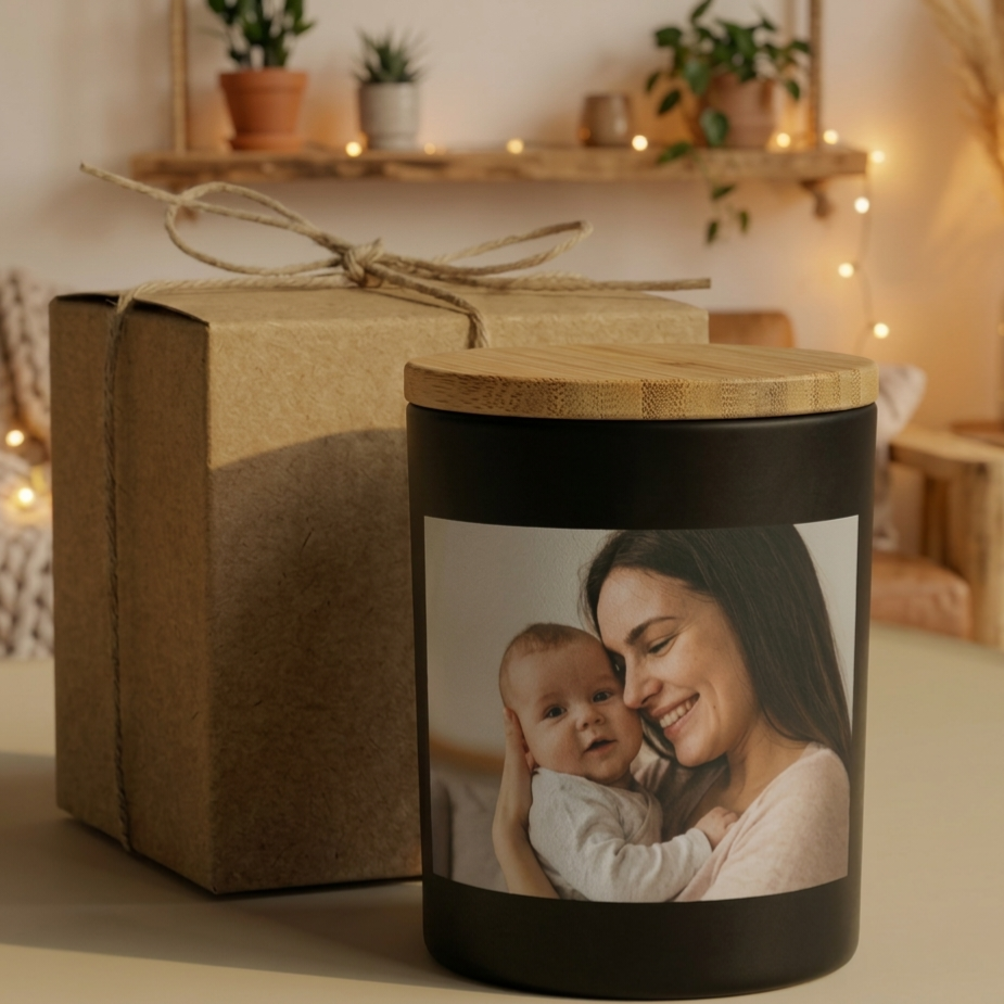 Liebevoll verpackte personalisierte Kerze im minimalistischen Design. Perfekt als nachhaltiges Geschenk mit persönlicher Note für Geburtstag, Jahrestag oder besondere Anlässe.