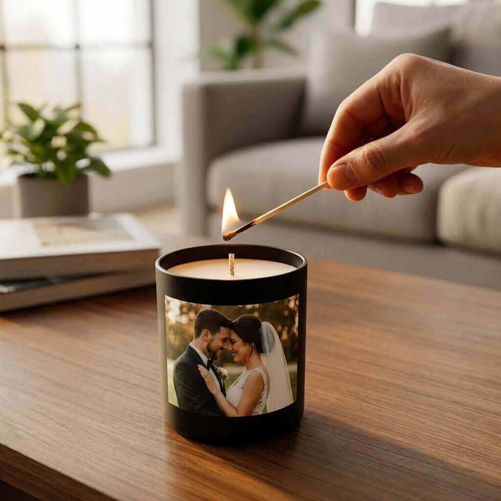 Personalisierte Hochzeitskerze aus Premium Refill Set anzünden - fertige Memory Candle Bio Sojawachs