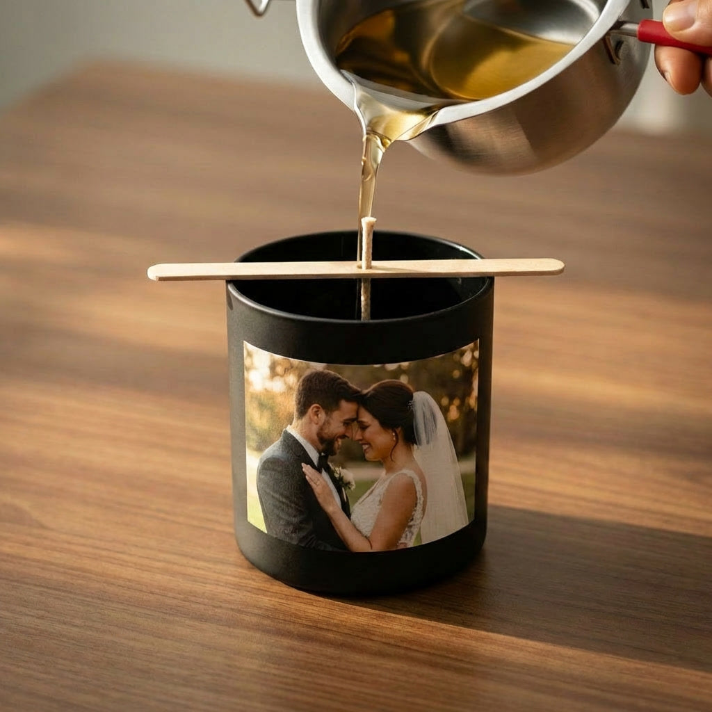 Flüssiges Sojawachs aus Schmelztopf in Fotokerze mit Hochzeitsfoto füllen - Premium Memory Candle Nachfüllung