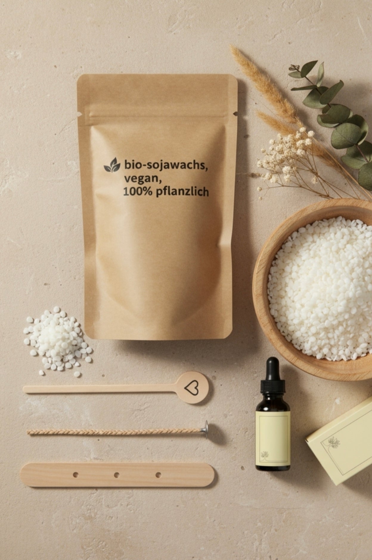 Refill Set für personalisierte Kerzen mit Bio-Sojawachs, Duftöl und Docht zum Nachfüllen