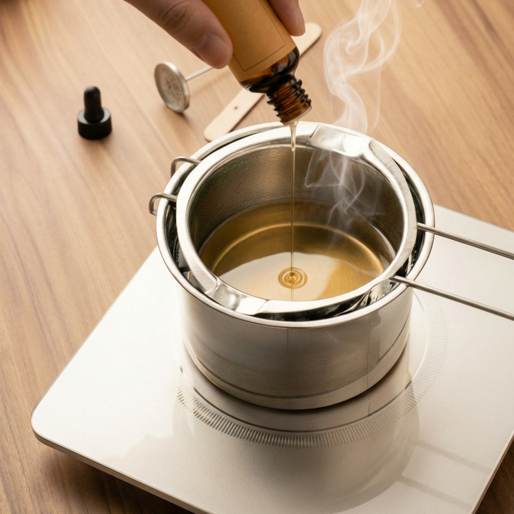 Duftöl mit Thermometer kontrolliert in Bio Sojawachs einrühren - Premium Refill Set Duftkerze selber machen