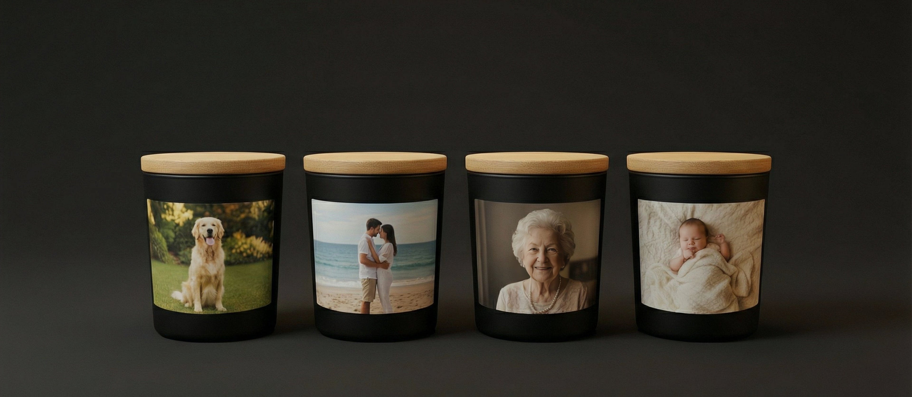 Vier personalisierte WECANDLE Duftkerzen mit Fotos – Hund, Pärchen am Strand, Oma und Neugeborenes als einzigartiges Geschenk